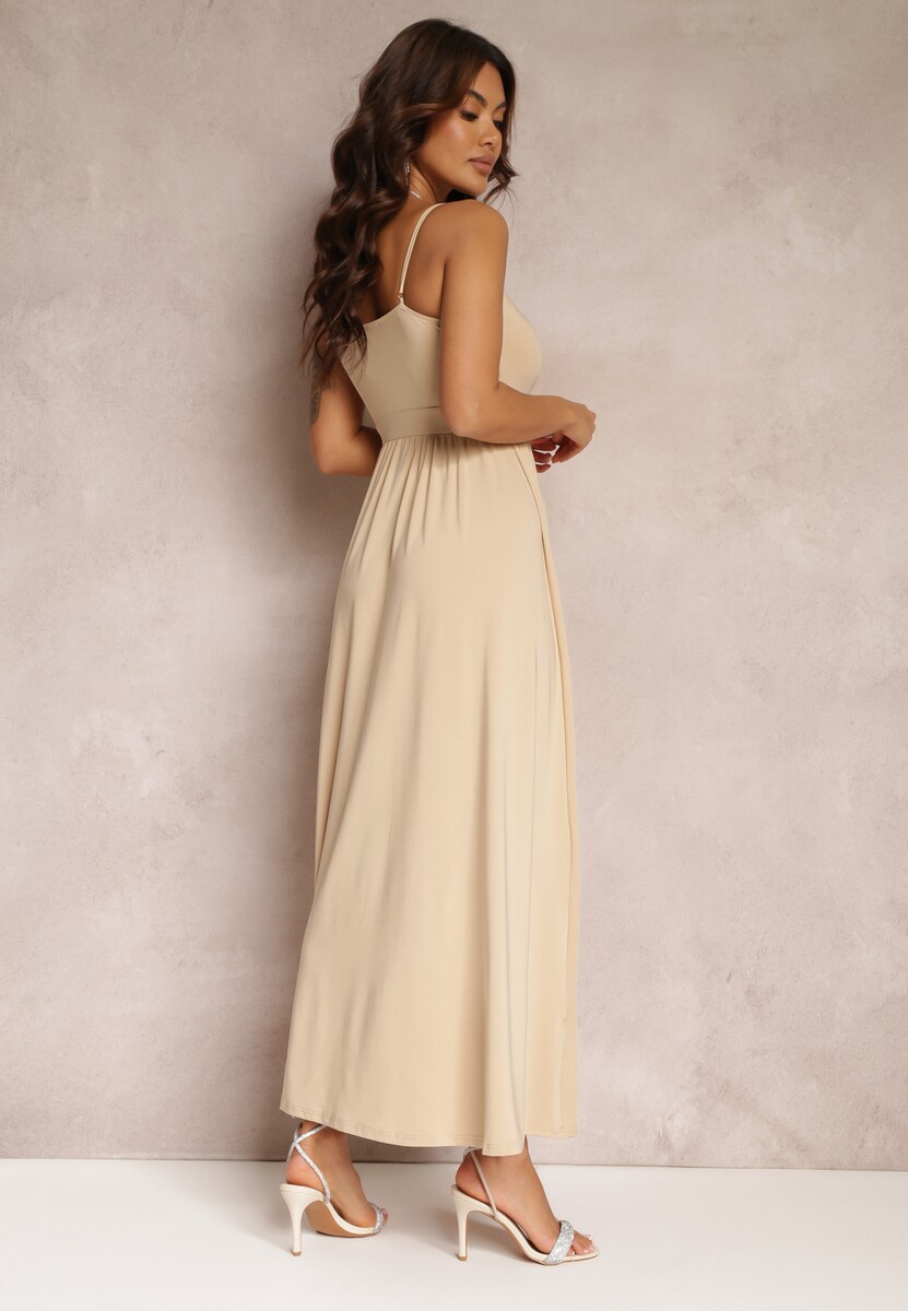 Beżowa Rozkloszowana Sukienka Maxi na Cienkich Ramiączkach z Rozporkiem Weslyn