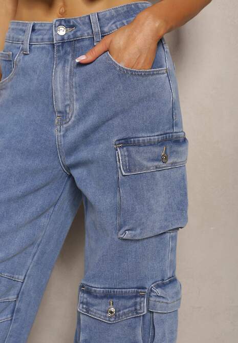 Niebieskie Spodnie High Waist z Szerokimi Nogawkami i Wieloma Kieszeniami Relada
