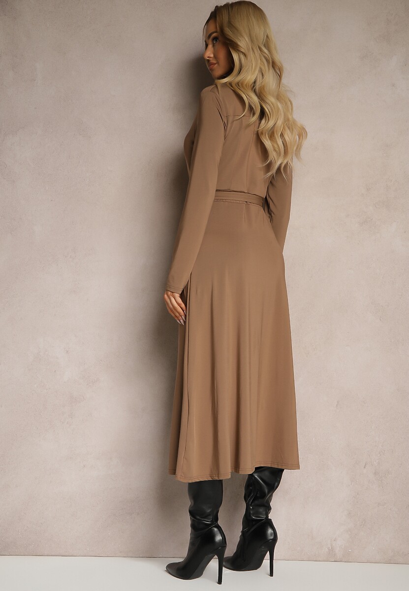 Ciemnobeżowa Długa Sukienka Koszulowa z Wiązaniem w Talii Levae
