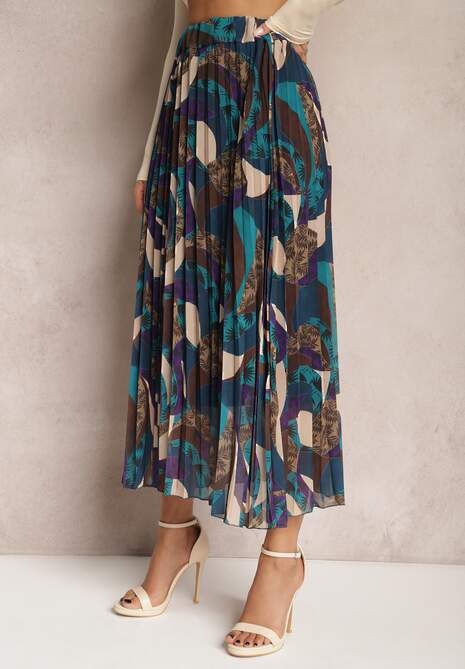 Fioletowo-Niebieska Długa Spódnica Plisowana w Abstrakcyjny Malarski Wzór Ariamitta