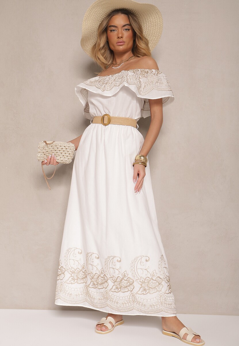 Biała Sukienka Boho o Kroju Hiszpanki Zdobiona Haftem i Paskiem z Klamrą Vallisca