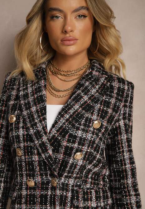 Czarna Dwurzędowa Marynarka z Błyszczącą Nicią i Poduszkami na Ramionach Elilona