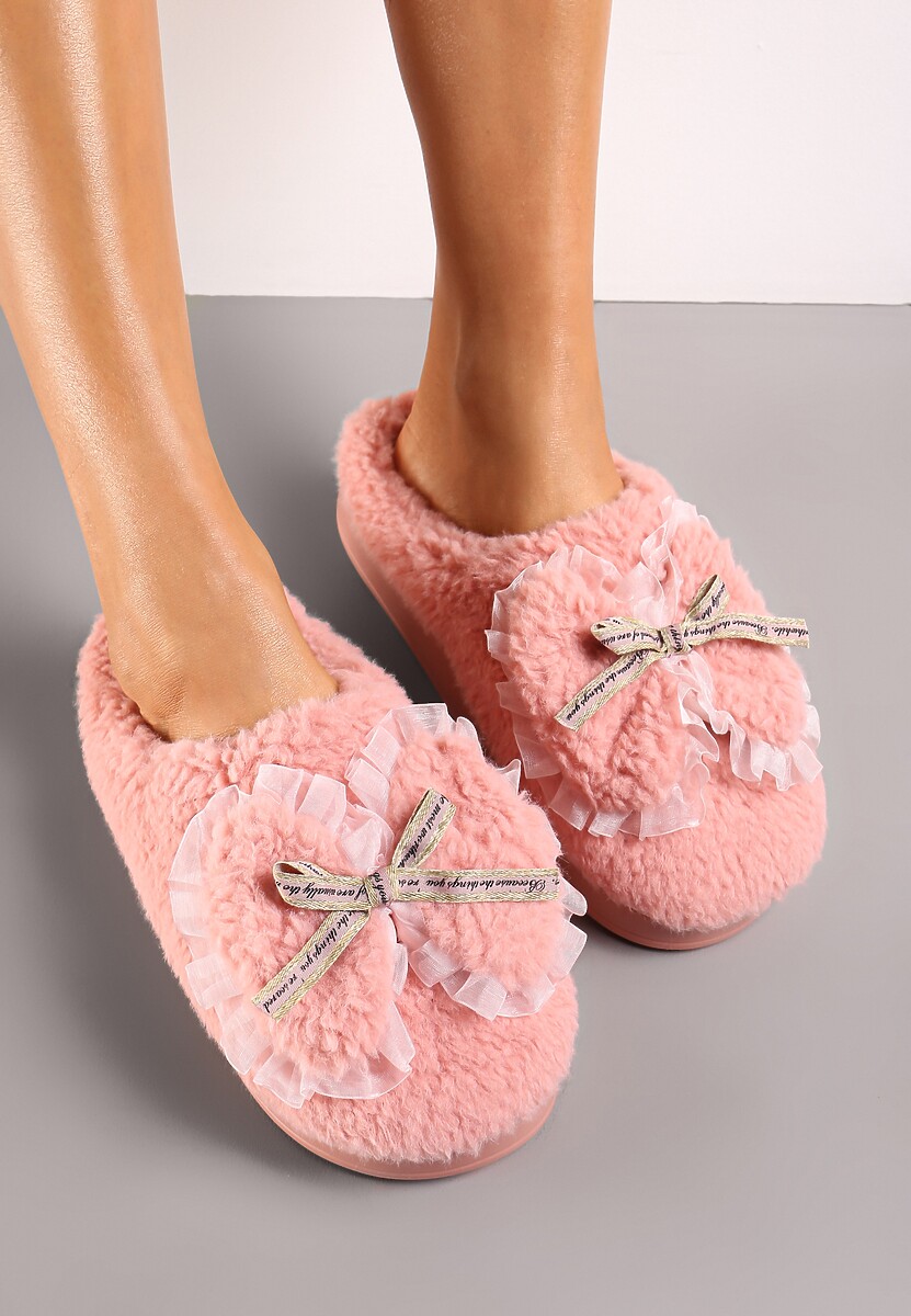 Różowe Kapcie z Futerka Ozdobione Kokardką Nuvimes