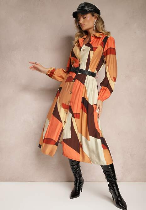 Jasnobrązowa Koszulowa Sukienka z Wiskozą Zdobiona Geometrycznym Wzorem z Paskiem w Talii Tifiel