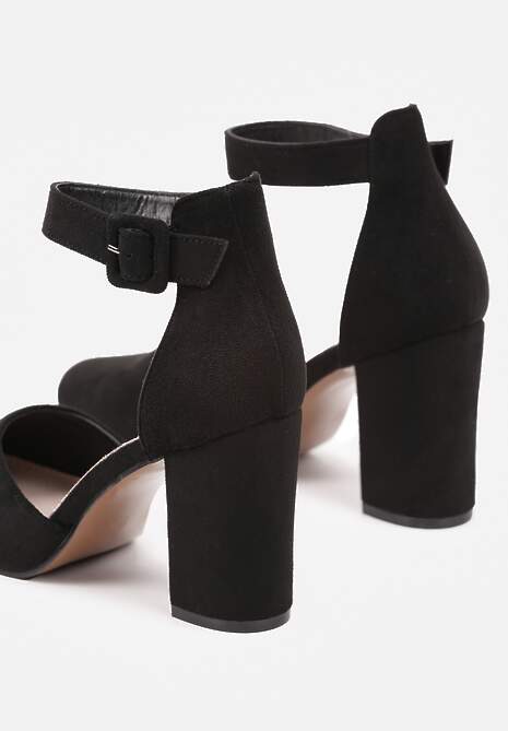Czarne Czółenka na Obcasie Typu Słupek ze Skórzaną Wkładką i Paseczkiem Wokół Kostki Belandria