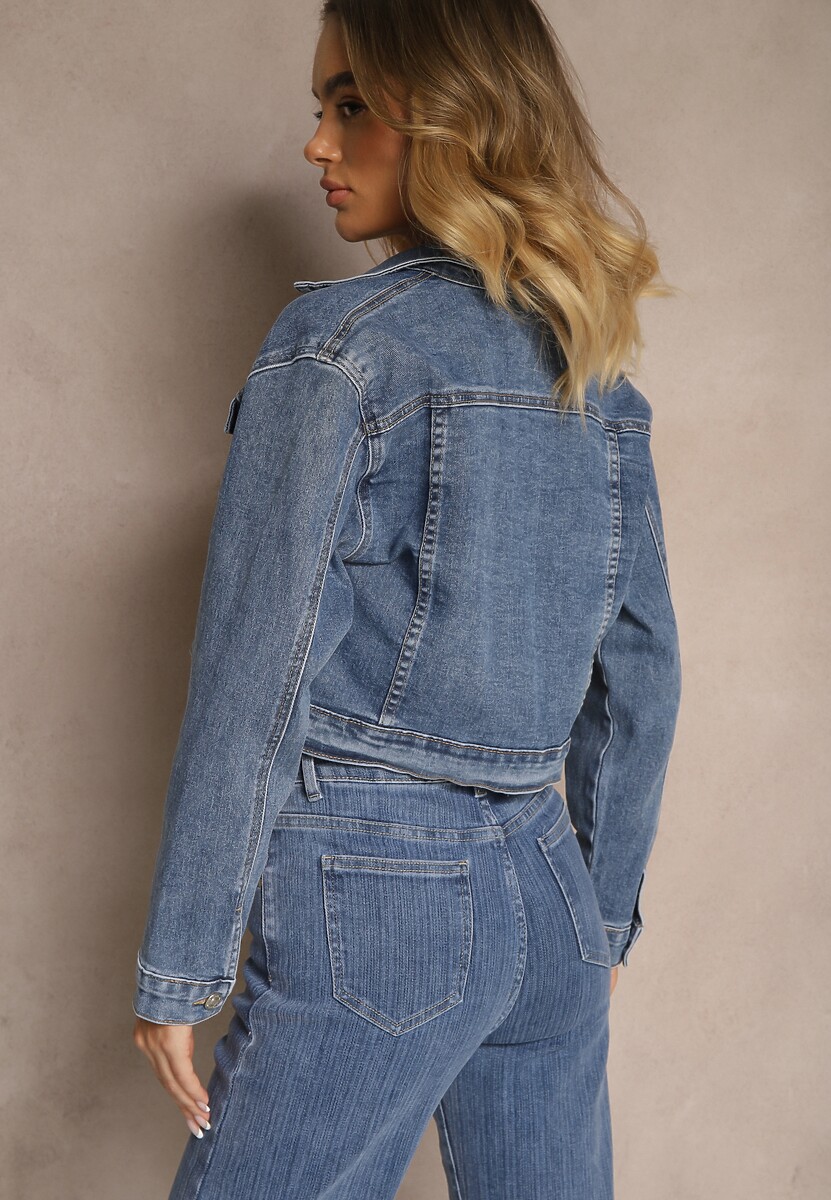 Niebieska Krótka Kurtka Jeansowa z Naszytymi Kieszeniami Bellisna