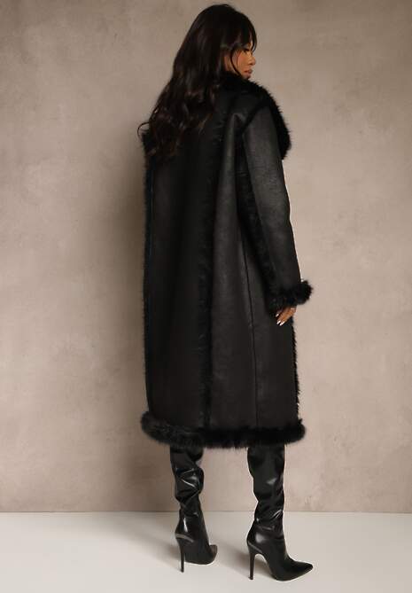 Czarny Dwurzędowy Płaszcz Futerko o Dwustronnym Kroju z Kołnierzem Nalaneva