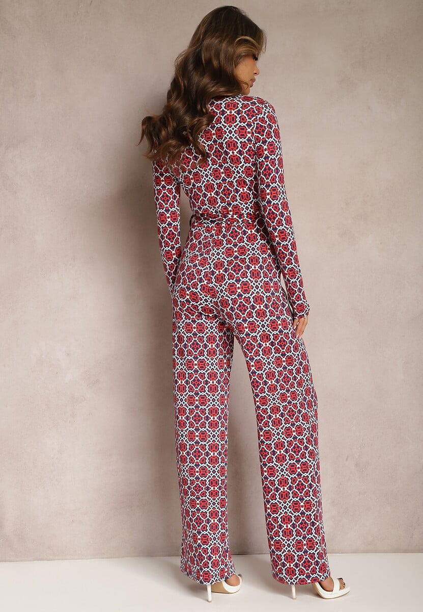 Czerwono-Biały Kombinezon w Geometryczne Wzory z Szerokimi Nogawkami i Paskiem w Talii Soliti