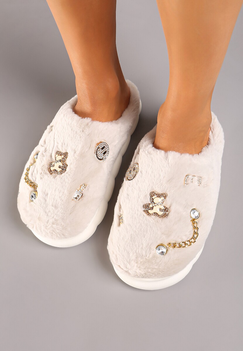 Ciemnobeżowe Kapcie na Płaskiej Podeszwie z Cyrkoniami i Aplikacjami Merivies