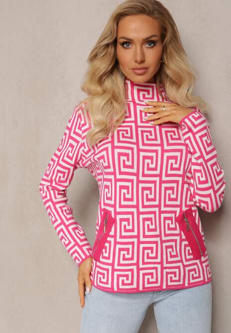 Fuksjowy Sweterkowy Półgolf z Dzianiny o Geometrycznym Motywie i Dodatkowymi Zamkami Vulla