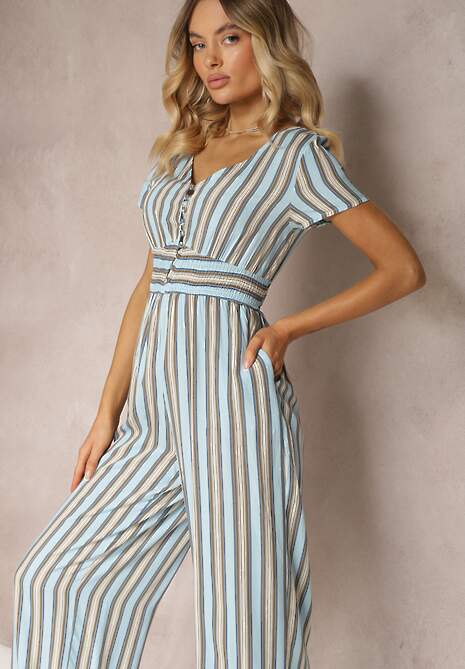 Niebieski Kombinezon z Wiskozy Wykończony Gumką w Talii i Guzikami przy Dekolcie Tinaviras