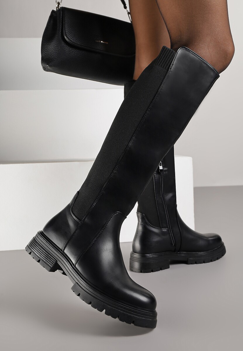 Czarne Kozaki przed Kolano z Elastyczną Wstawką w Cholewce Atisa