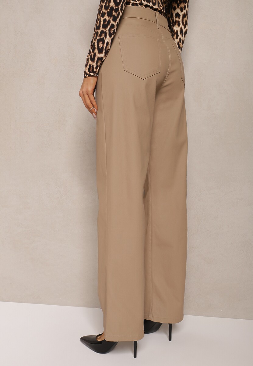 Beżowe Spodnie Woskowane o Szerokim Kroju High Waist Sezila