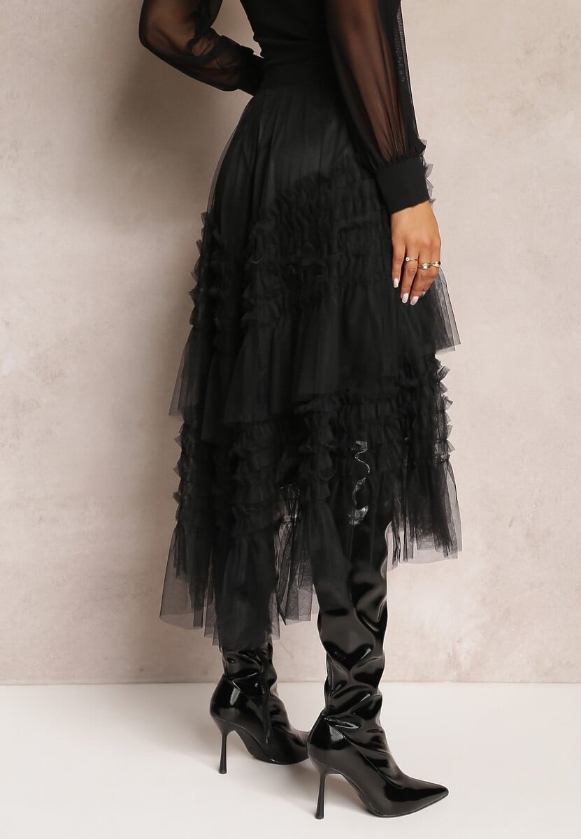 Czarna Spódnica Rozkloszowana z Falbankami i Siateczką Solowai