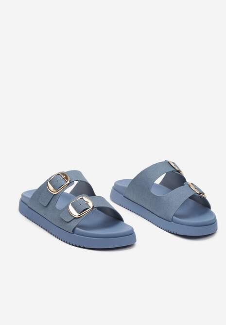 Niebieskie Klapki na Płaskiej Podeszwie z Szerokimi Paskami i Klamrami Risao