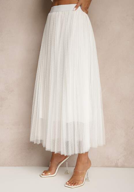 Biała Rozkloszowana Spódnica z Tiulu w Kropki Folemia