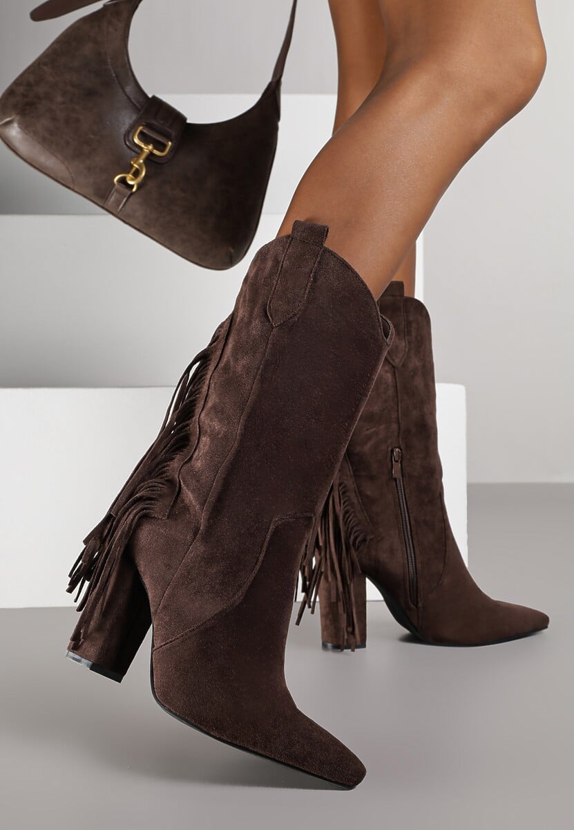 Brązowe Botki Kowbojki na Słupku Ozdobione Frędzlami Reikka
