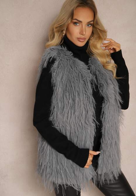 Ciemnoszara Futerkowa Kamizelka o Prostym Kroju z Kieszeniami Venialith