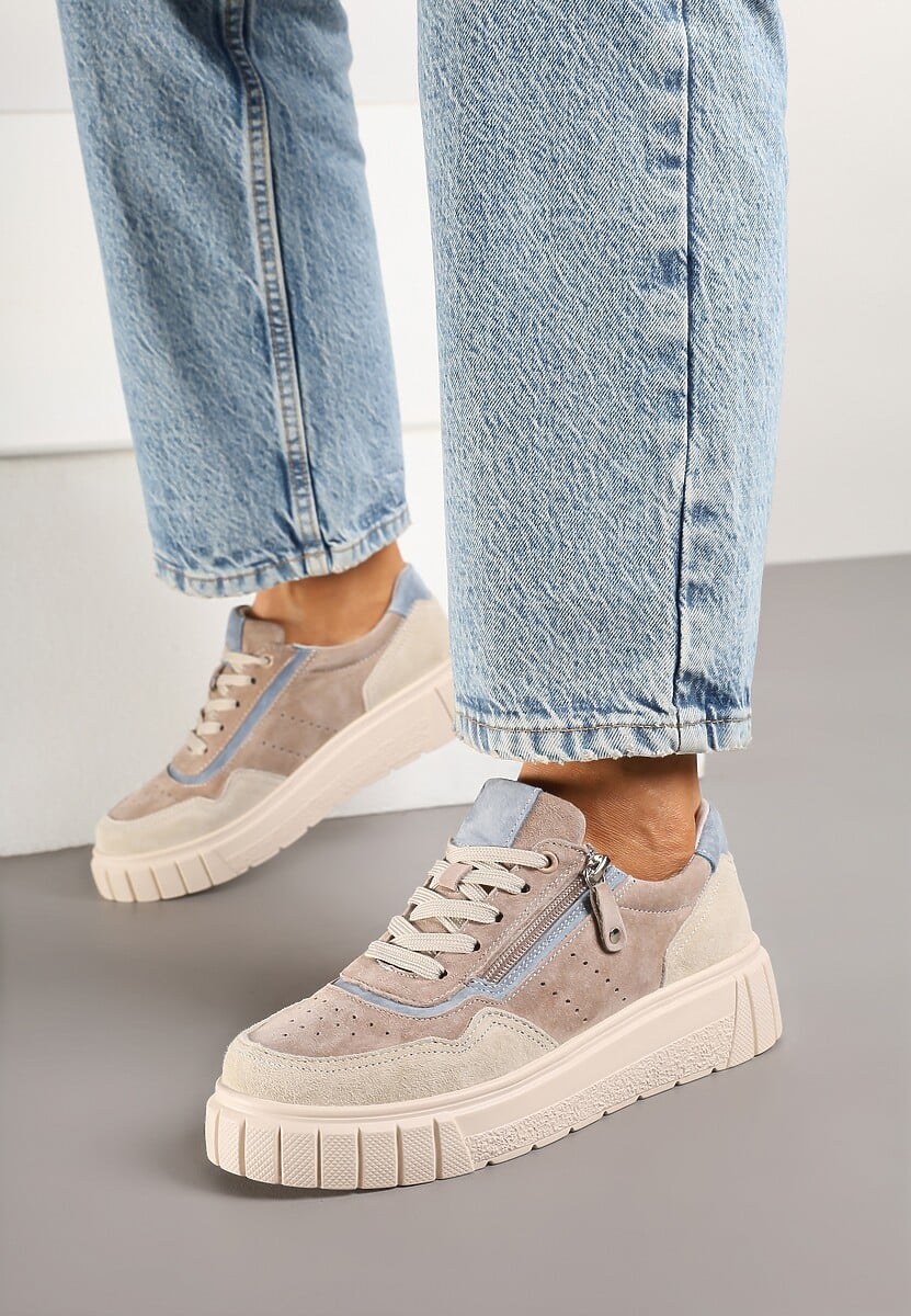 Beżowo-Niebieski Streetwearowe Sneakersy ze Skóry Naturalnej z Ozdobnym Suwakiem Eleavenna