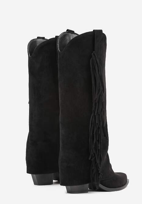 Czarne Kozaki Kowbojki na Stożku z Cholewką Imitującą Nogawkę z Frędzlami Monettea