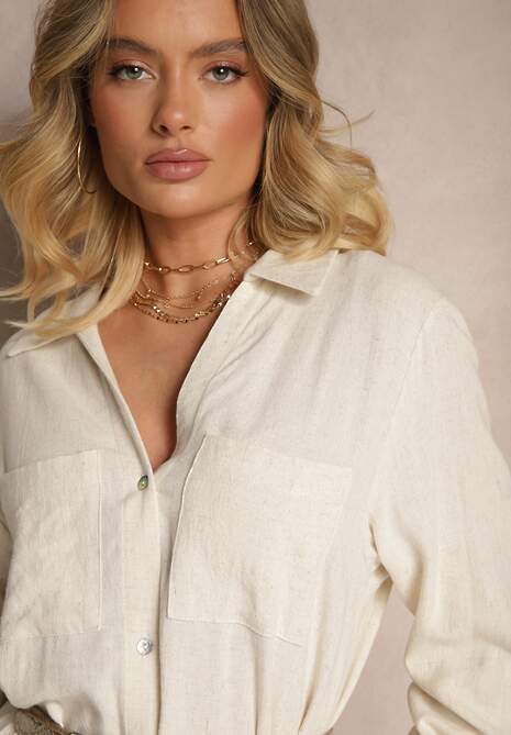 Beżowa Sukienka Koszulowa z Wiskozą Lnem i Regulacją przy Rękawach Florvezia