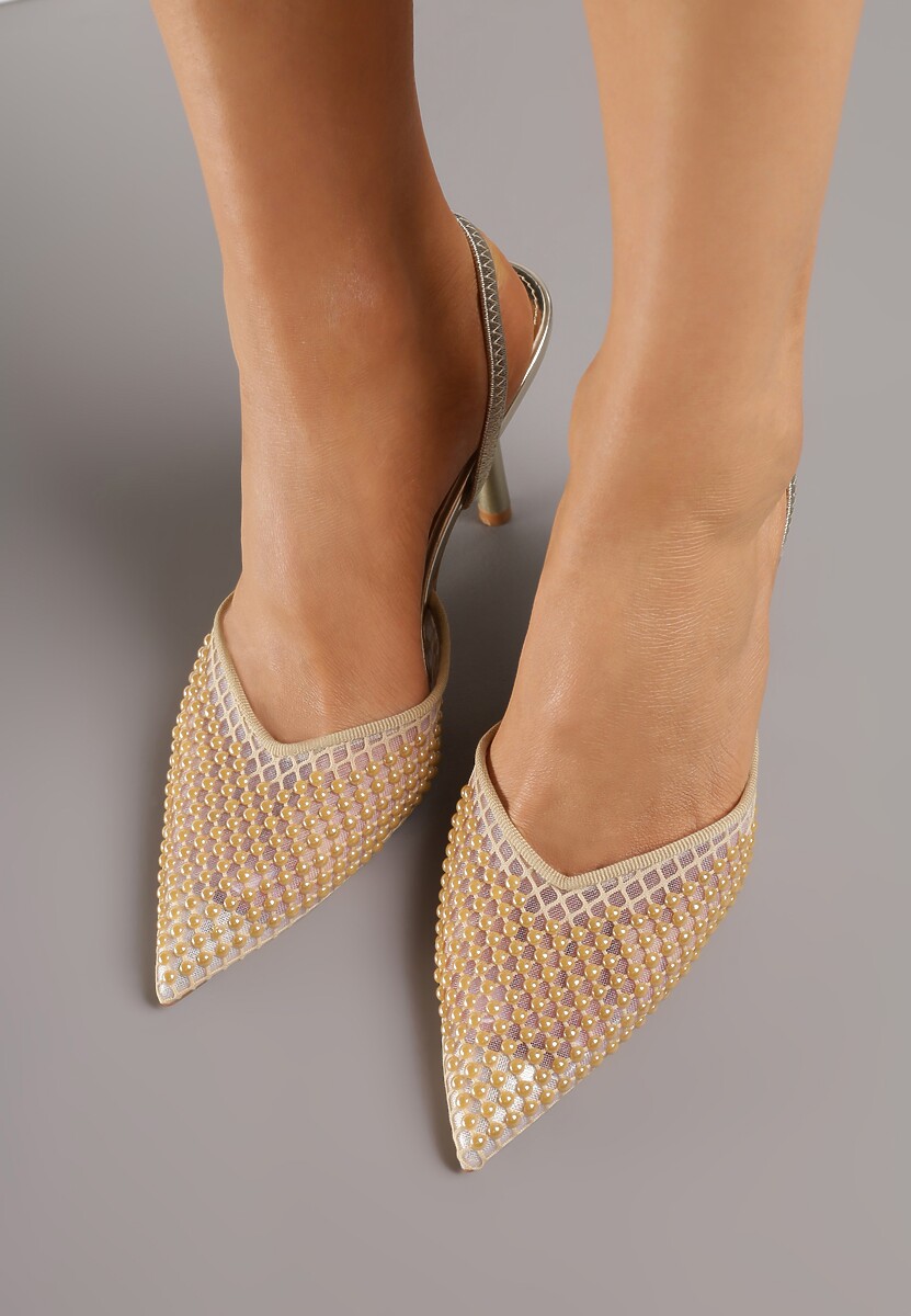 Złote Sandały na Szpilce z Siateczkowym Noskiem z Aplikacją z Perełek Aurifera