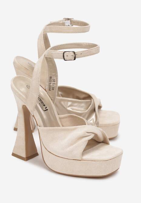 Beżowe Sandały na Wysokim Słupku i Platformie z Ozdobnym Paskiem Rupina