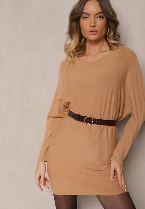 Beżowa Sukienka z Dzianiny z Modalem i Wiskozą ze Ściągaczem przy Dekolcie Zinralith