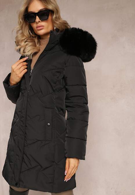 Czarna Pikowana Kurtka przed Kolano z Kapturem i Futerkiem Persepia