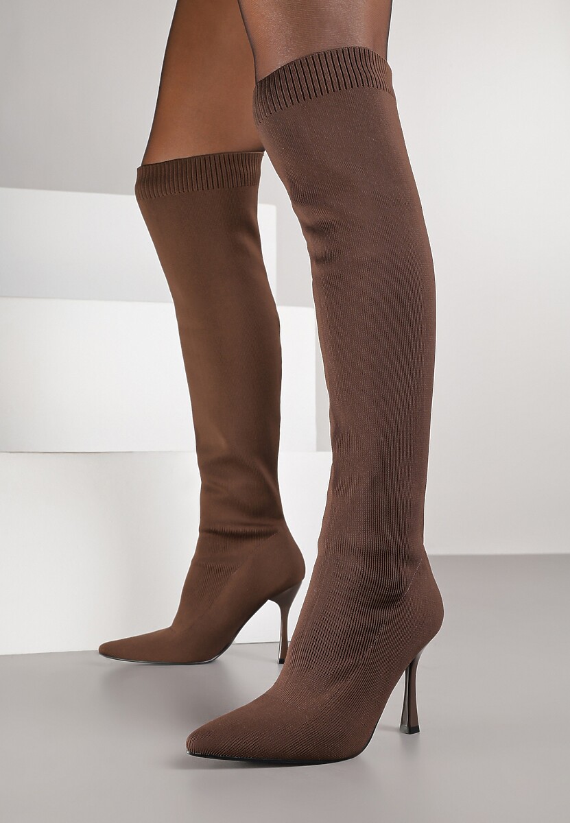 Brązowe Kozaki na Szpilce Vices z Elastyczną Cholewką Nulicella