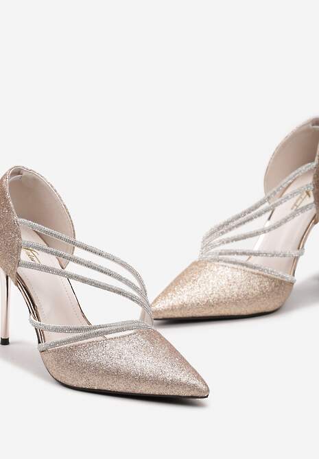 Szampańskie Brokatowe Szpilki na Metalicznej Szpilce Ozdobione Cyrkoniami Ineka