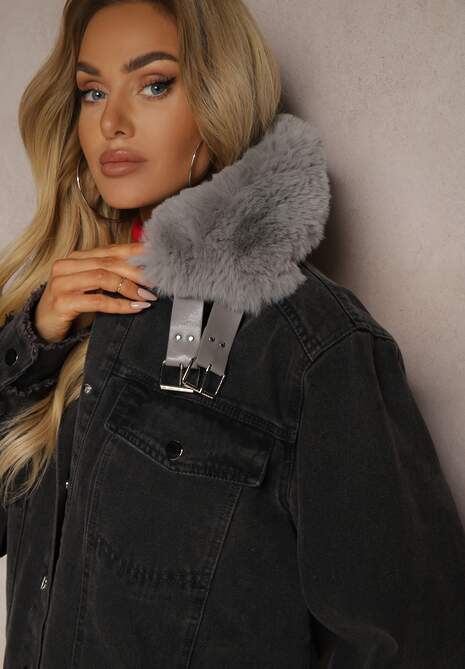 Ciemnoszara Kurtka Jeansowa z Kołnierzem z Futrem i Sprzączkami Senalithra