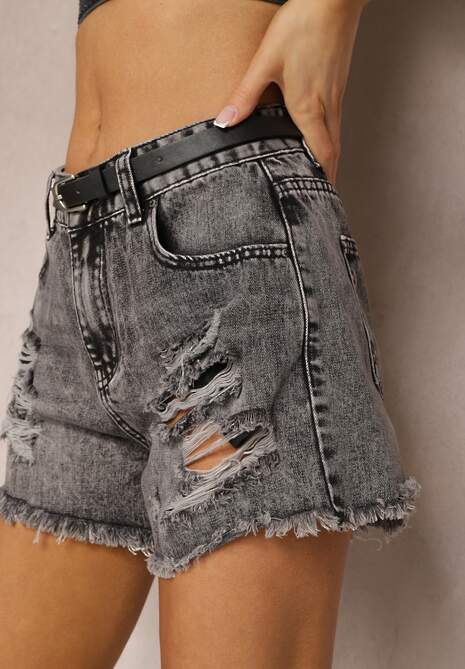 Szare Bawełniane Szorty Jeansowe Ozdobione Dziurami oraz Paskiem z Klamrą Firenea