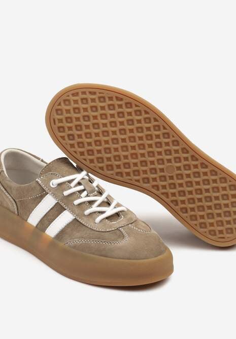Ciemnobeżowe Sneakersy Klasyczne Tenisówki ze Skóry Naturalnej Alotia