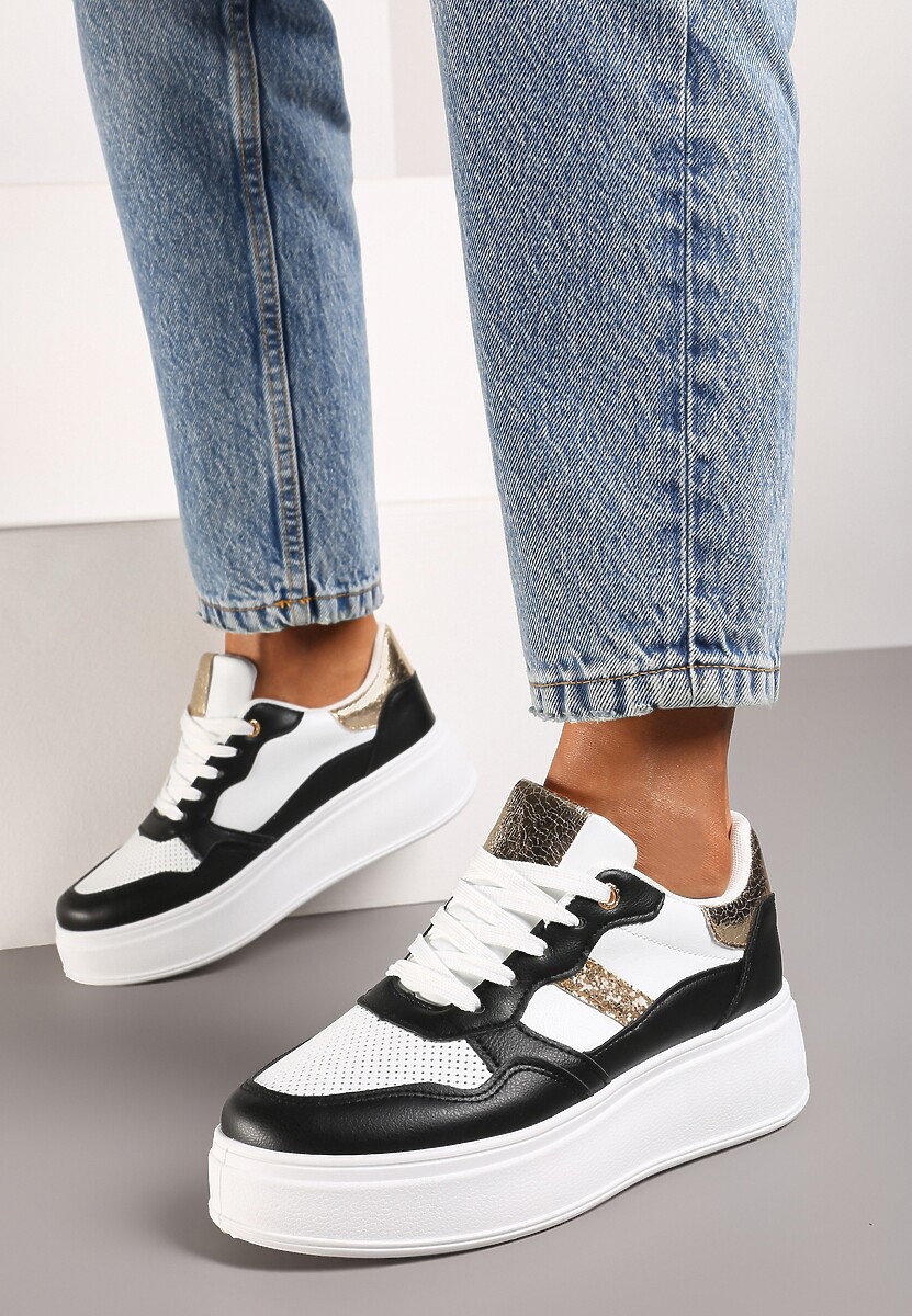 Czarno-Białe Sneakersy z Ekoskóry za Kostkę ze Sznurowaniami Zdobione Perforacją Raviana