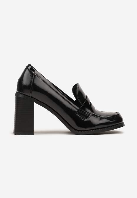 Czarne Lakierowane Półbuty na Słupku Wykończone Przeszyciami i Paskiem Navssa