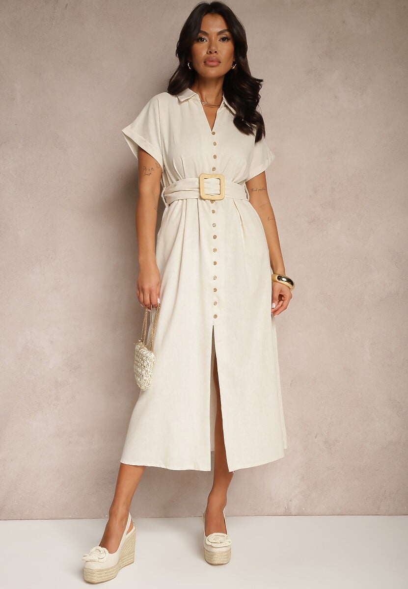 Jasnobeżowa Koszulowa Sukienka z Bawełny na Krótki Rękaw z Materiałowym Paskiem Celirna
