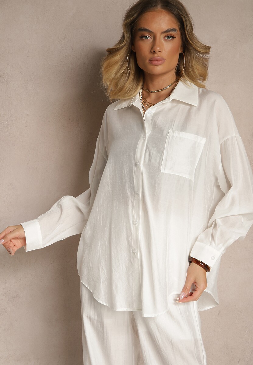 Biała Koszula Oversize w Klasycznym Stylu z Kieszonką Liozira