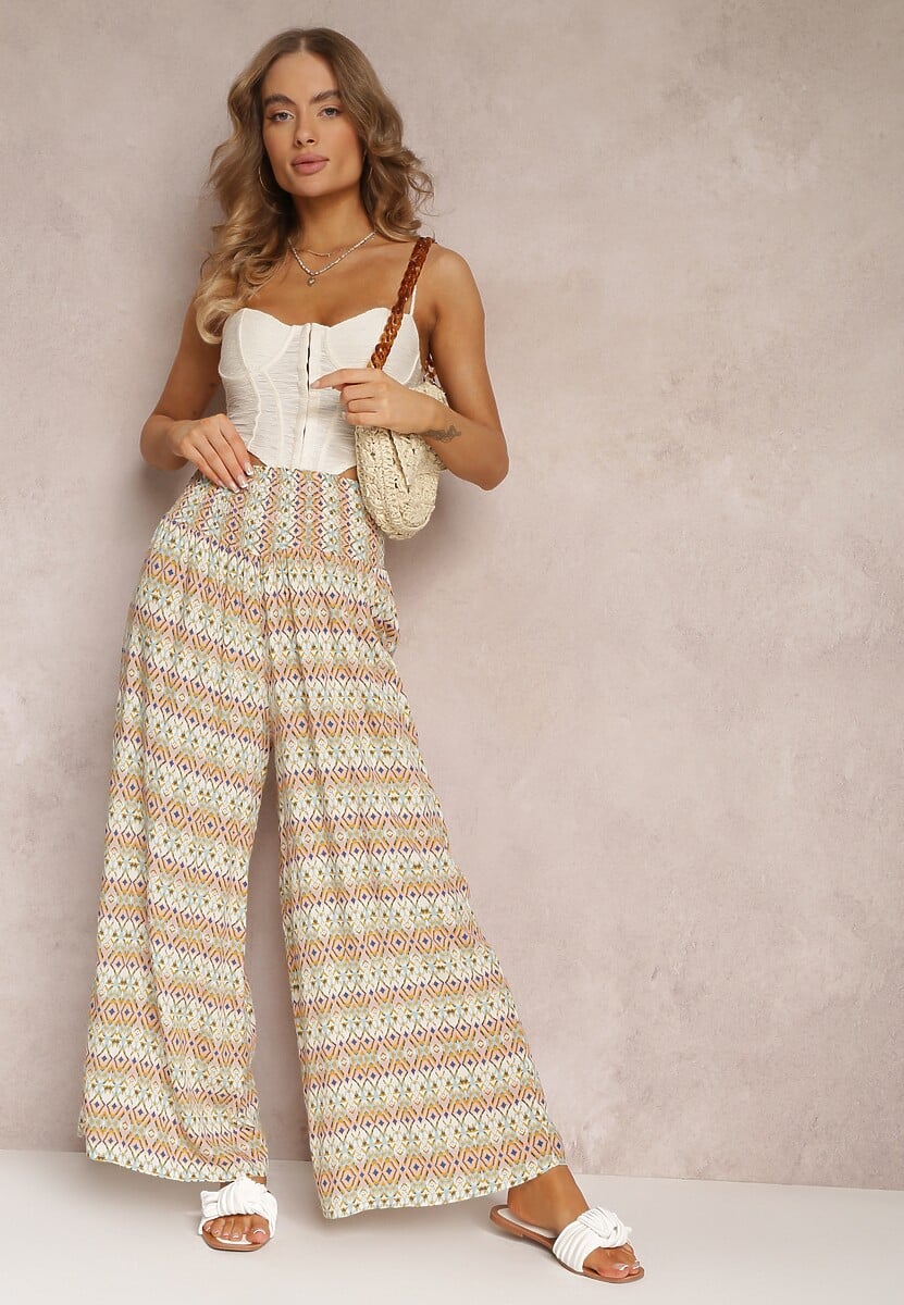 Żółte Szerokie Spodnie z Cienkimi Gumką w Talii i Wysokim Stanem z Wiskozy Laka