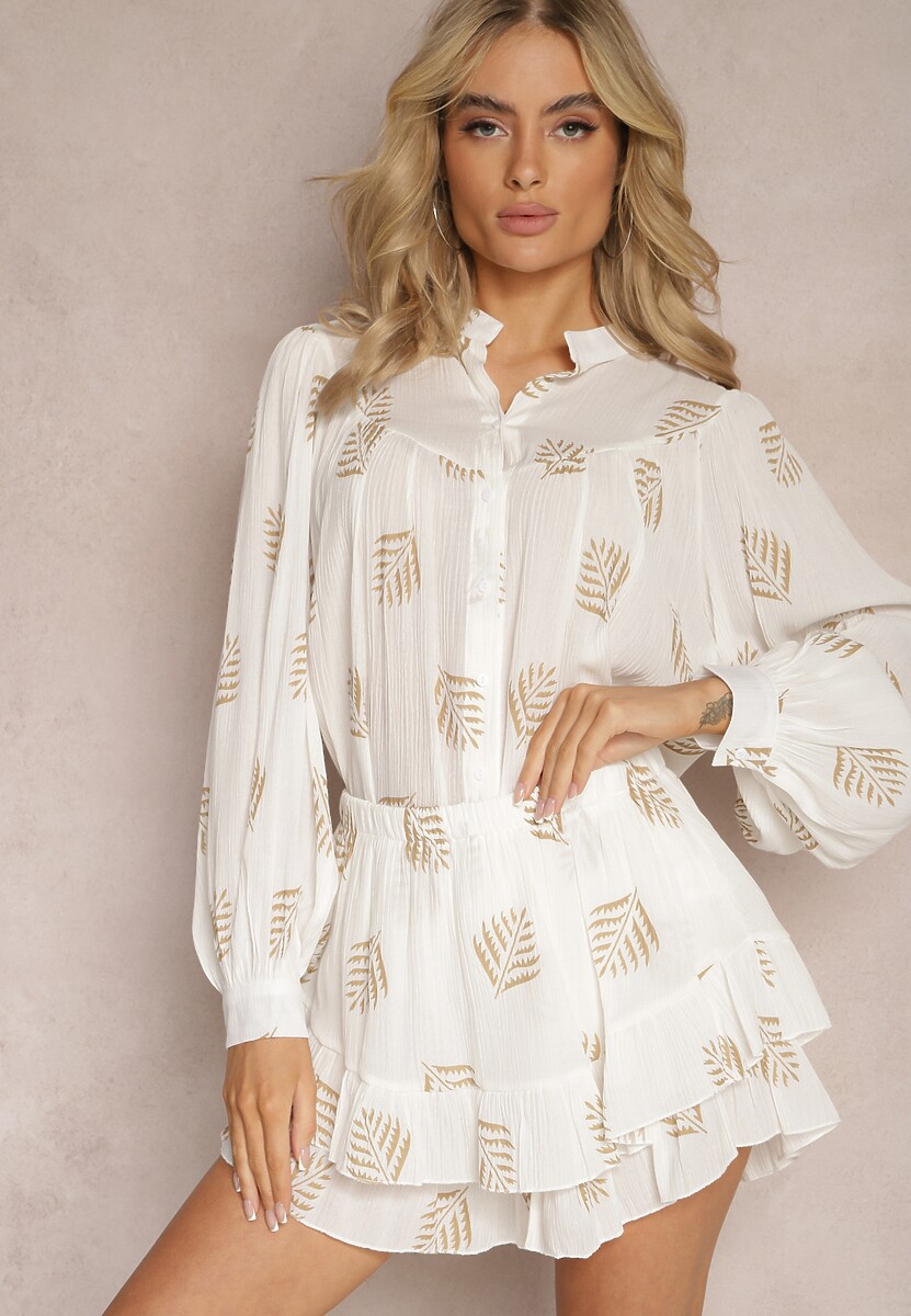 Białe Luźne Szorty Spódnica z Wiskozy Ozdobione Falbankami Senalia