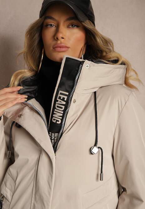 Beżowa Kurtka Parka o Pudełkowym Kroju z Kapturem i Kieszeniami Kaionna