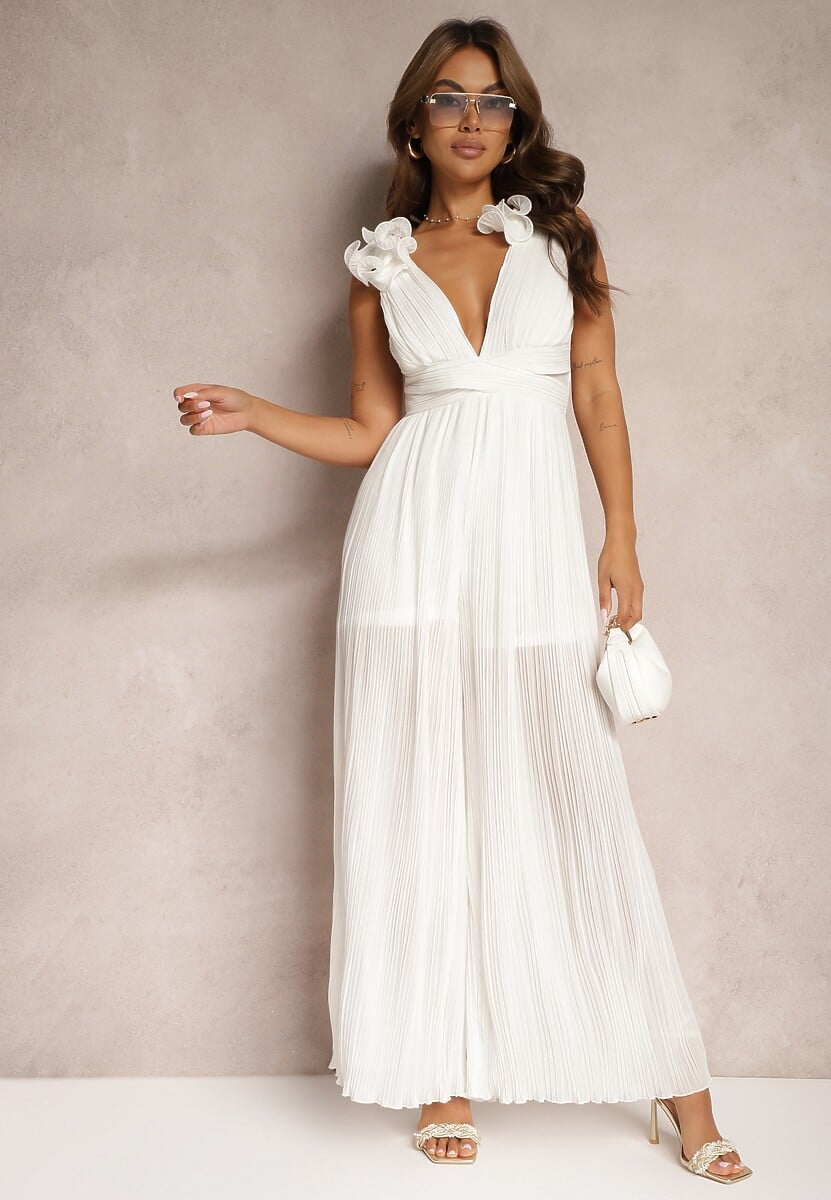 Biały Taliowany Koktajlowy Kombinezon z Szerokimi Nogawkami Ozdobiony Falbanami Gealfrea