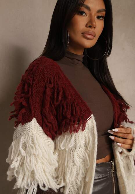 Bordowy Kardigan Bez Zapięć z Domieszką Wełny Zdobiony Imitacją Piór Lanitia