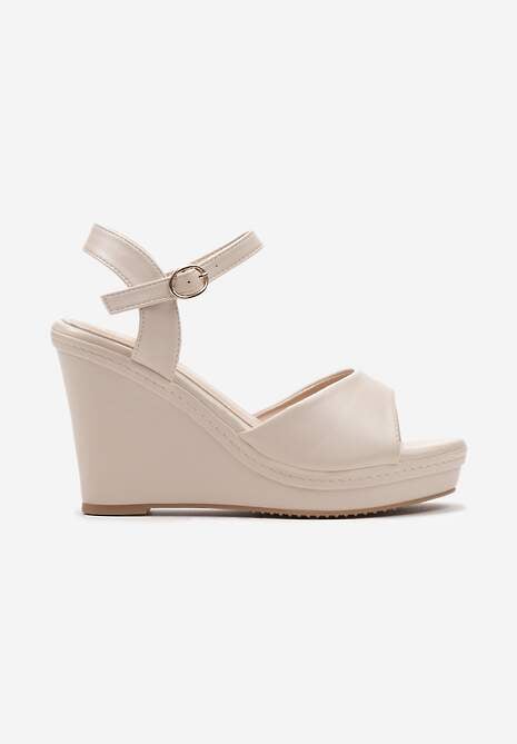 Beżowe Casualowe Sandały na Koturnie z Zapięciem na Sprzączkę Cavenna