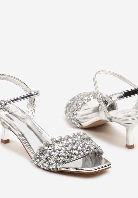 Srebrne Sandały na Obcasie z Paskiem Zdobionym Cyrkoniami Sorlana