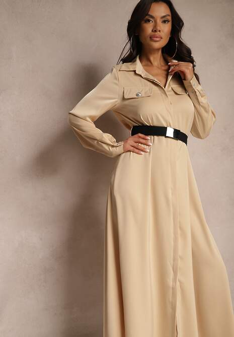 Beżowa Satynowa Sukienka w Stylu Szmizjerki z Imitacjami Kieszeni i Paskiem Vaminay