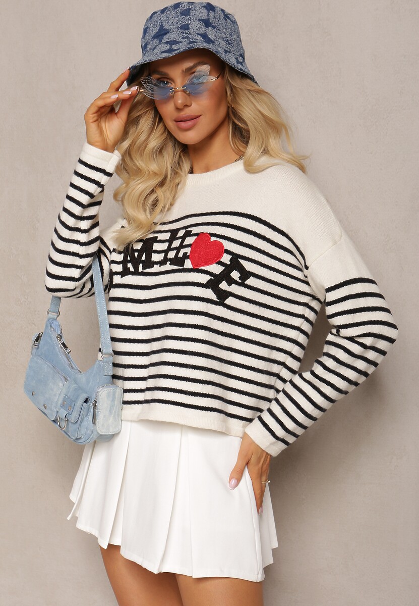 Beżowo-Czarny Sweter z Napisem Smile i Wzorem w Paski Suwaia