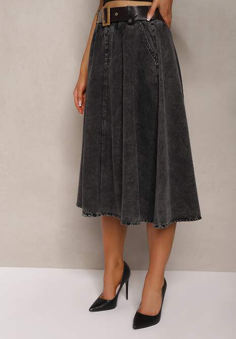 Czarna Rozkloszowana Spódnica Jeansowa Midi z Paskiem Wendlla