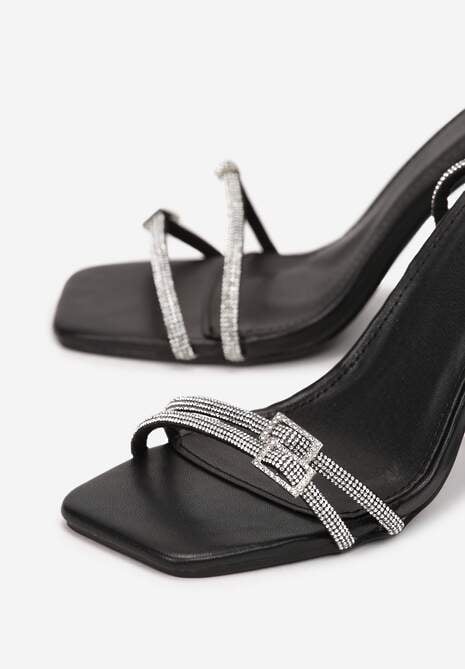 Czarne Sandały na Szpilce z Paskami ze Sprzączką i Cyrkoniami Rurmi