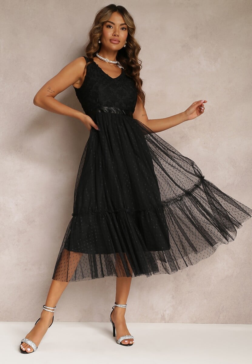 Beżowa Taliowana Sukienka Midi z Ozdobną Siateczką Celerise